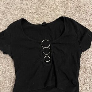 Elegant Black Short Sleeve Top with Ring Accents